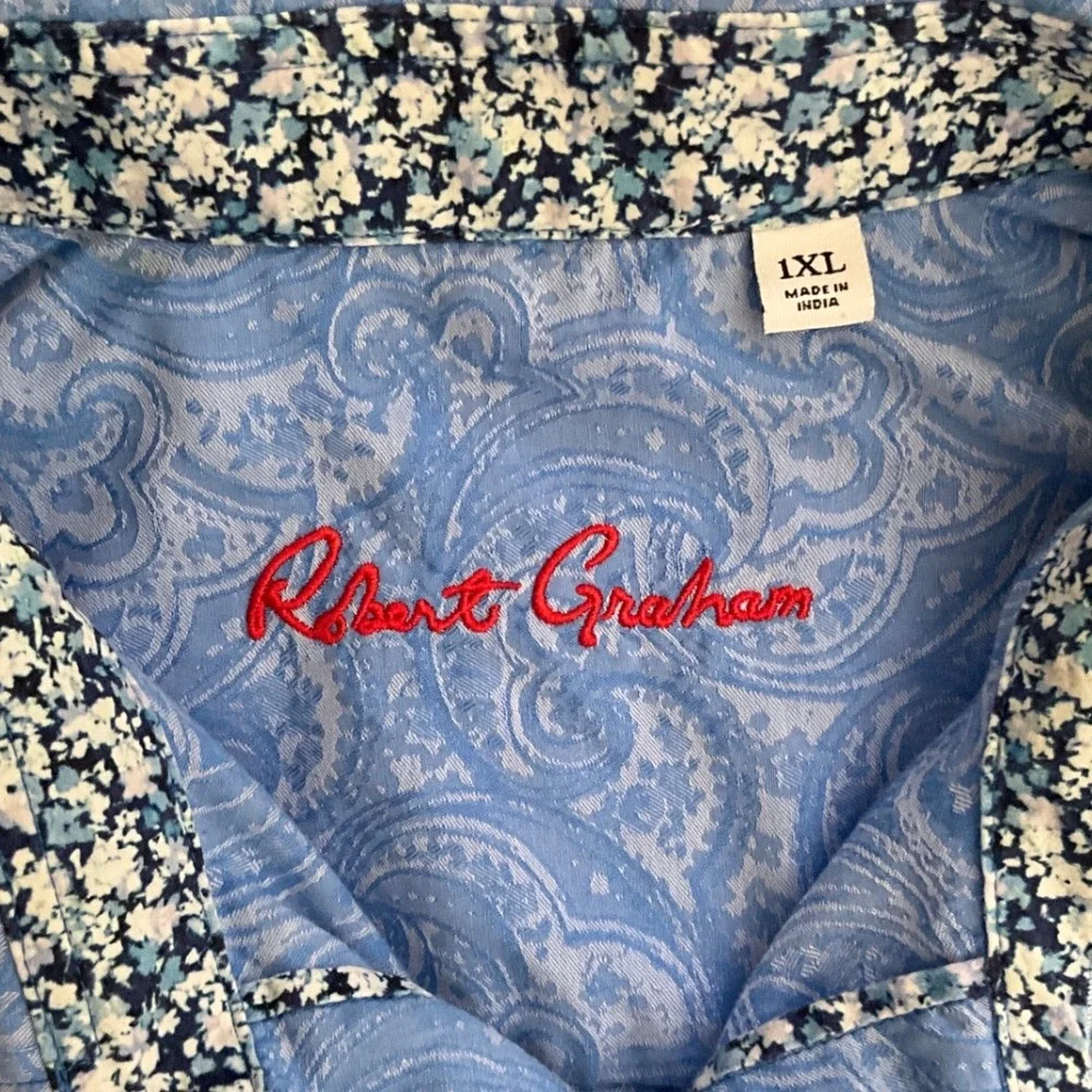 Robert Graham Paisley Button Up Shirt Blue‎ Short Sleeve Mens XXL Cotton
